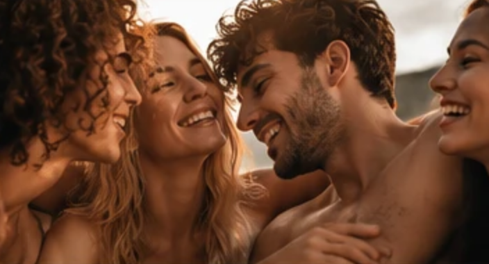 Un grupo de amigos ríe junto.